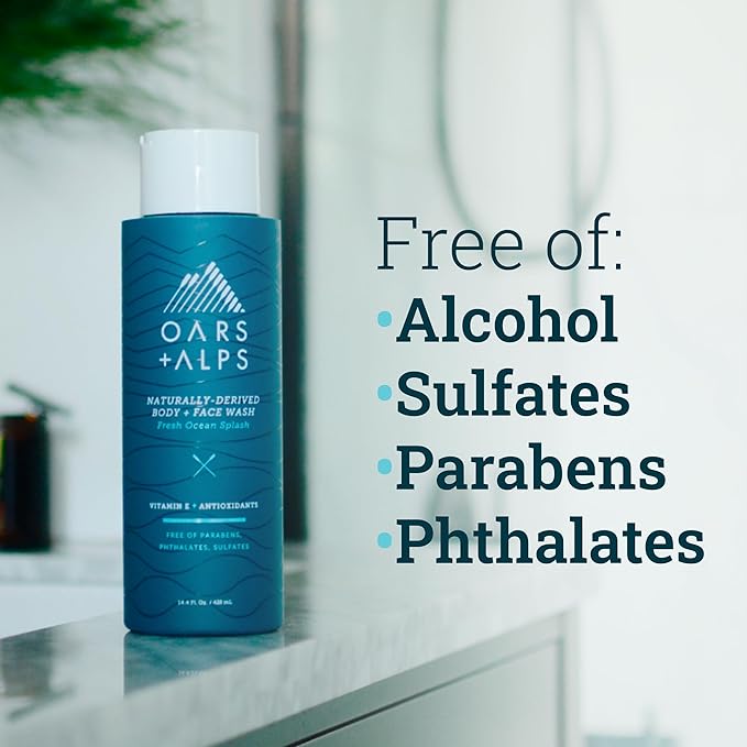 Oars + Alps Body and Face Wash for Men, Mens Body Wash with Vitamin E and Antioxidants, Moisturizing, Hydrating, Paraben & Sulfate Free Cleanser, Fresh Ocean Splash, 2pk