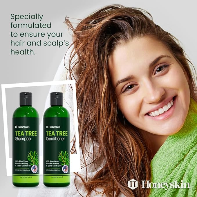 Tea Tree Shampoo and Conditioner Set - Dandruff Treatment With Organic Tea Tree Oil - Itchy Scalp Treatment for Women and Men - Sulfate and Paraben Free With Manuka Honey, Aloe Vera & Coconut (16oz)