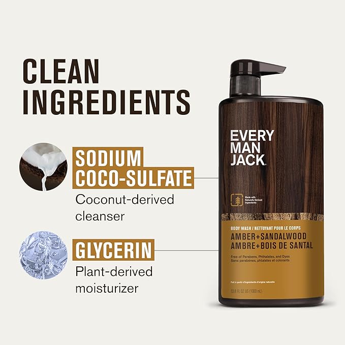 Every Man Jack Nourishing Amber + Sandalwood Mens Body Wash for All Skin Types - Cleanse, Nourish, and Hydrate Skin with Naturally Derived Coconut, Glycerin - 33.8 fl oz - 2 Bottles