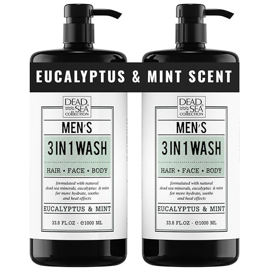 Dead Sea Collection Mens Body Wash 3 in 1 – Eucalyptus Body Wash for Men – Shower Gel – Shampoo – Shower Soap for Face and Hair – Pack of 2 Bottles (33.8 Fl. Oz. Each)