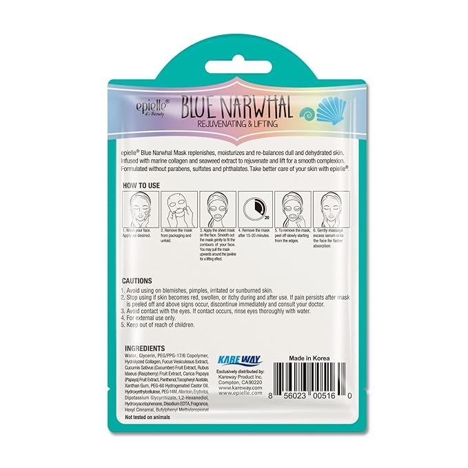 Epielle Animal Character Sheet Masks Blue Narwhal 6 Pack, Rejuvenating & Lifting Face Mask with Marine Collagen, Girls Spa Party Favors, Sleepover, Self Care Gifts for Women, Korean Skin Care