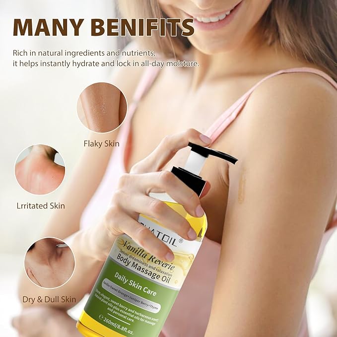 Vanilla Body Oil with Sweet Orange, Juniper Berry and Thyme Essential Oils, Premium Scented Body Oil for Moisturizing Skin, Massage Oil for Women Men After Shower - 8.8 FL.OZ(260ML)