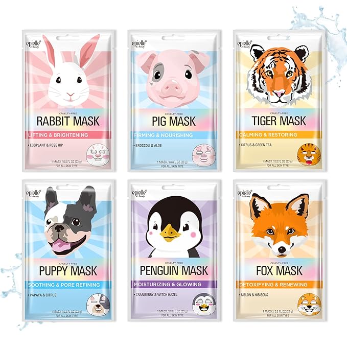 Epielle Animal Character Sheet Masks | Korean Beauty Masks for All Skin Types | Pack of 6 | Face Mask, Birthday Party Gift, Girls' Night, Spa Day, Spa Night | Korean Skincare, Spa Gifts for Women