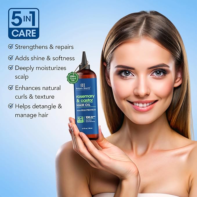 Botanic Hearth Rosemary & Castor Hair Oil (6.7 Fl Oz) | Nourishing And Strengthening Hair Treatment For Thicker, Healthier|Looking Hair | Paraben Free | Suitable For All Hair Types