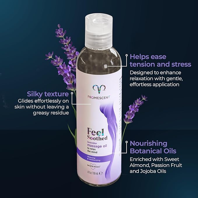 Promescent Lavender Massage Oil for Massage Therapy, Massage Oils for Date Night, Premium Lavender Body Oil for Men & Women to Relieve Stress & Sore Muscles, Essential Oils for Skin (4 oz)
