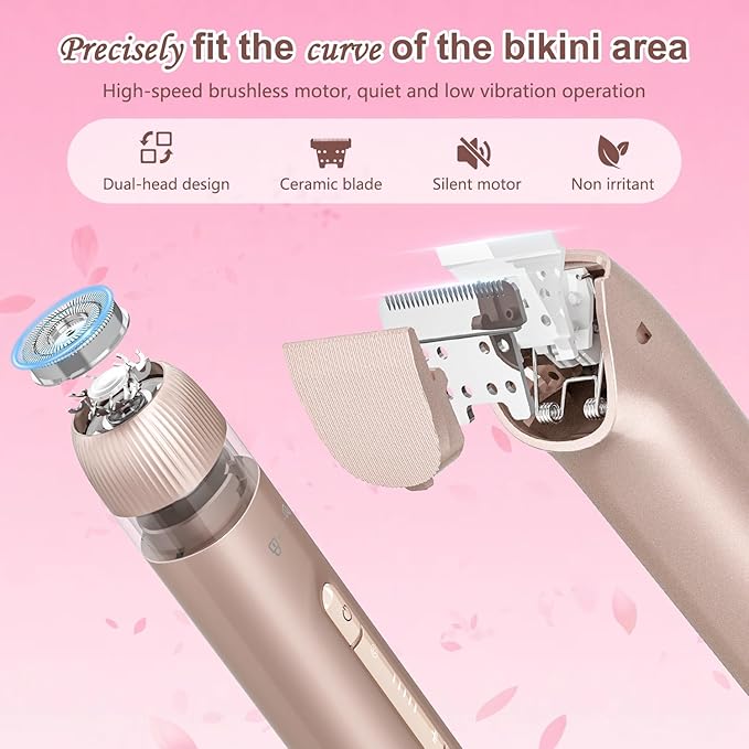 Bikini Trimmer for Women, 2 in 1 Electric Razors for Women Painless Body and Facial Hair Removal, IPX7 Waterproof Wet & Dry Use Bikini Trimmer for Ladies Pubic, Legs, Face, Underarms (Pink)