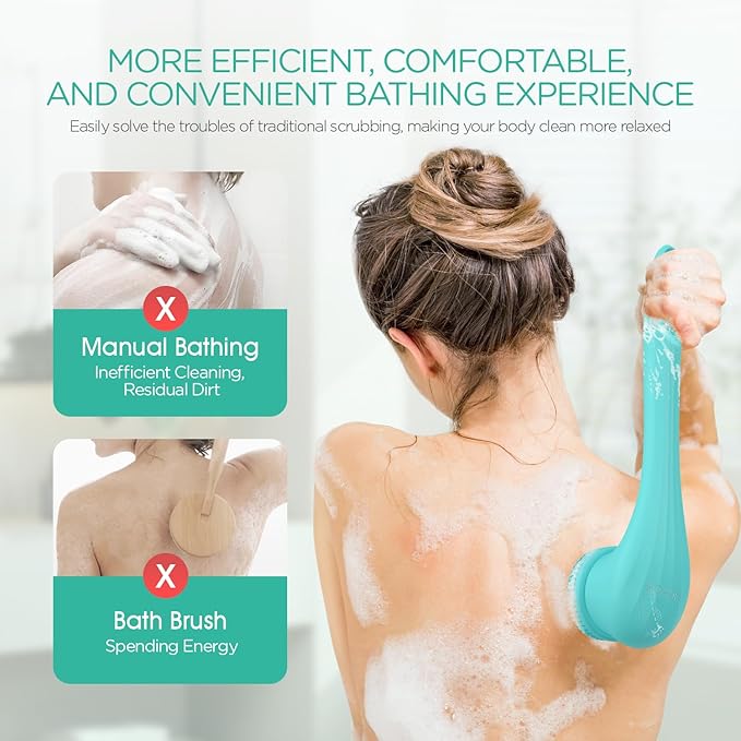 VOYOR Electric Body Brush Back Scrubber Silicone Body Scrubber Two-Way Rotating Brush Head for Deep Cleaning, Exfoliation, 4 Attachments Long Handle IPX6 Rechargeable Shower Brush BC300 (Blue)