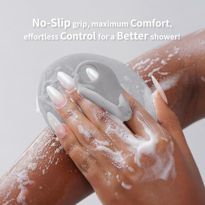 Body Scrubber 4 Pack, BEAUTAIL Gentle Exfoliating Shower Bath Brush, Soft Bristle Brushes for Sensitive Skin Women Men, Non-Slip Hand-Clip, Durable and Long Lasting (2pcs Blue+2pcs Gray)