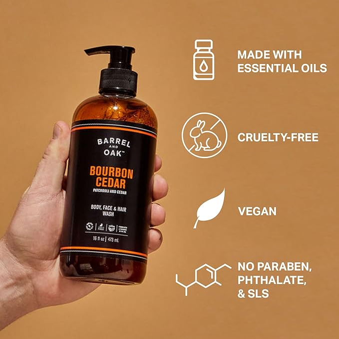 Barrel and Oak - All-In-One Body Wash, Men's Soap for Hair, Face, & Body, Essential Oil-Based Scent, Cedarwood & Bourbon, Vegan (Bourbon Cedar, 16 oz)
