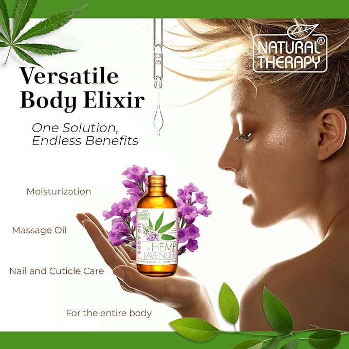 Natural Therapy Hemp & Lavender Body Oil – Moisturizing Body Oil – Hydrate & Soften Skin – Increase Skin Elasticity and Provide Anti-Aging Support (4 Fl.Oz)