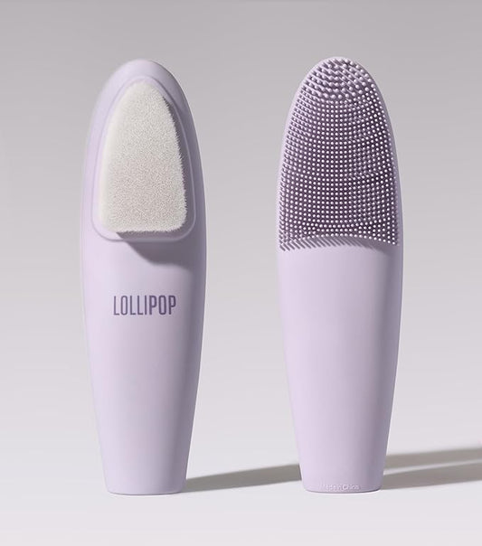 LOLLIPOP Dual-Sided Facial Cleansing Brush | Handle Size Silicone Face Exfoliator and Soft Fiber Cleanser | Manual Face Scrubber for Pores, Makeup Removal, Blackhead and Skincare Routine, Plum