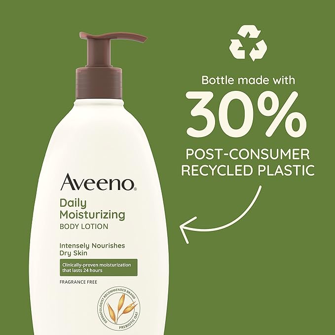 Aveeno Daily Moisturizing Body Lotion for Dry, Sensitive Skin with Prebiotic Oat, 24-Hour Moisture, Fragrance-Free, Dye & Paraben-Free, Non-Greasy, Non-Comedogenic, 2 × 18 Fl Oz