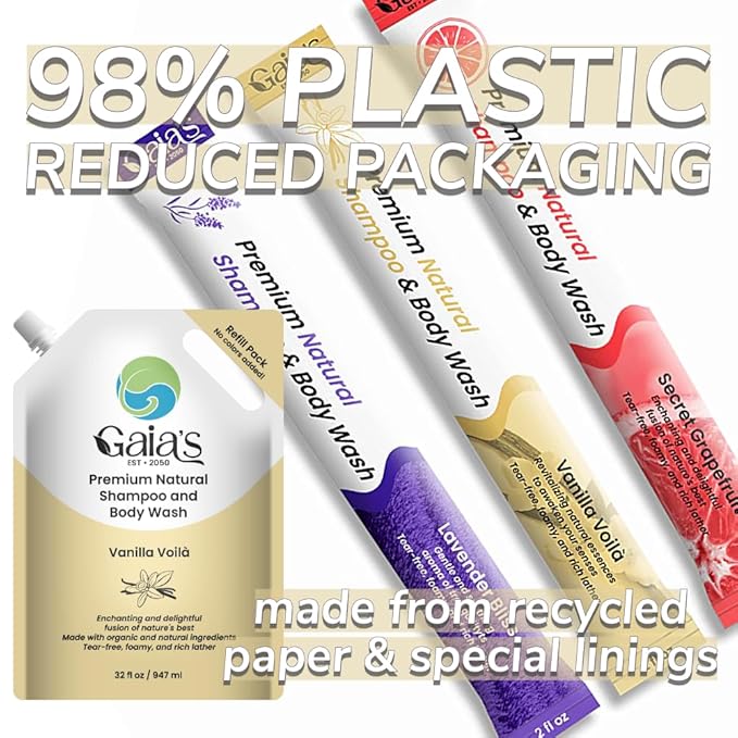 GAIA'S Natural Body Wash and Shampoo Vanilla, Bulk Refill Size, 64 Fl Oz, Sulfate Free, Paraben Free, Dye Free, Tear Free, Organic and Natural Ingredients, PH Balance Feminine