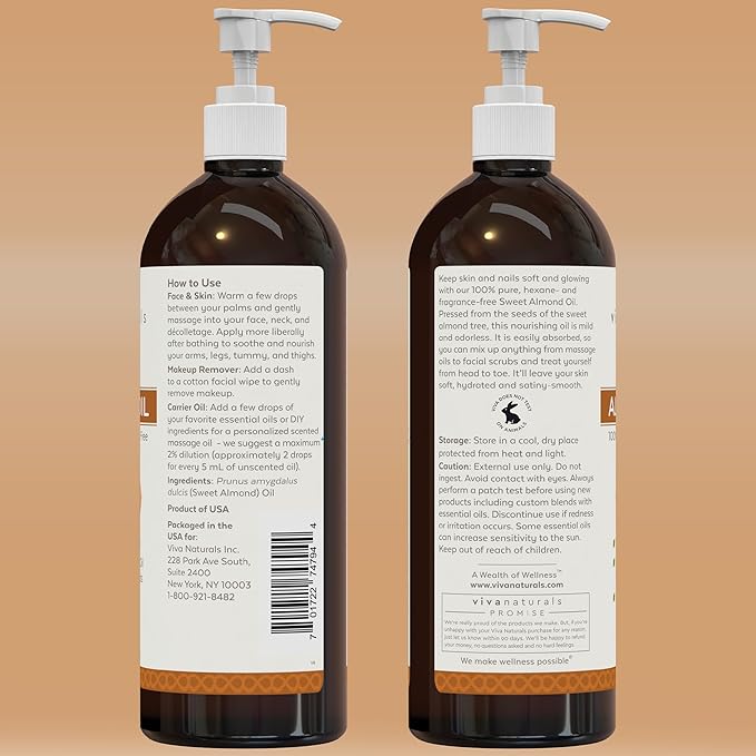 Viva Naturals Sweet Almond Oil for Skin - Body Oil, Hair Moisturizer and Relaxing Massage and Oil, Carrier Oil for Essential Oils Mixing, Non-Greasy Pure Sweet Almond Oil for Hair and Skin, 16 fl oz