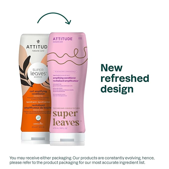 ATTITUDE Amplifying Conditioner for Curly Hair with Coconut Oil, Vegan Detangler and Naturally Derived Ingredients, 2a, 2b, 2c Curl Type, Gives body to Curls, 16 Fl Oz