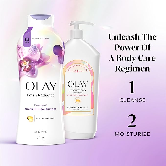 Olay Body Wash for Women, Fresh Radiance, Refreshing & Renewing, Made with Plant Based Cleansers, B3 Botanical Complex, For All Skin Types, Orchid & Black Currant Scent, 22 fl oz (Pack of 4)