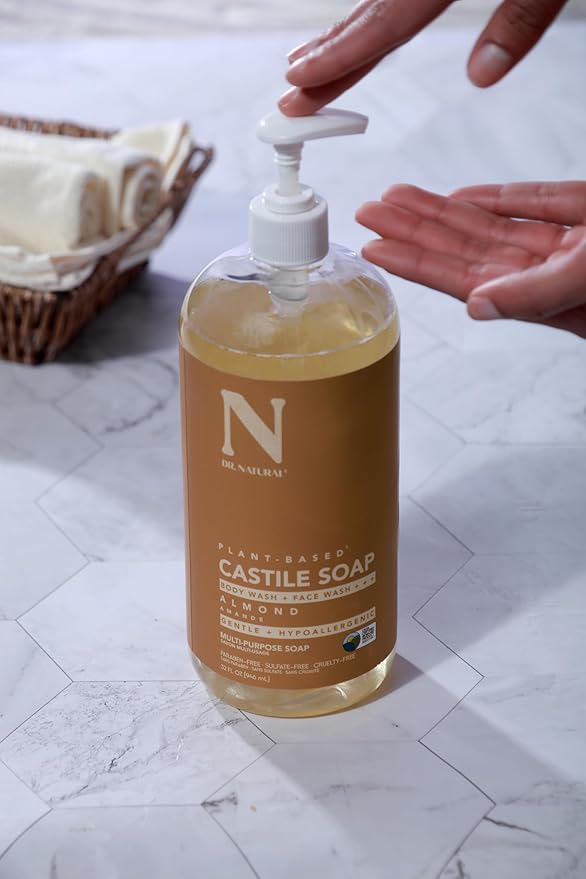 Dr. Natural Castile Liquid Soap - Multi-Use Body Wash, Shampoo and Face Wash - Hydrating Body Soap for Skin, Hair, Pets and Home - Almond - 946 ml
