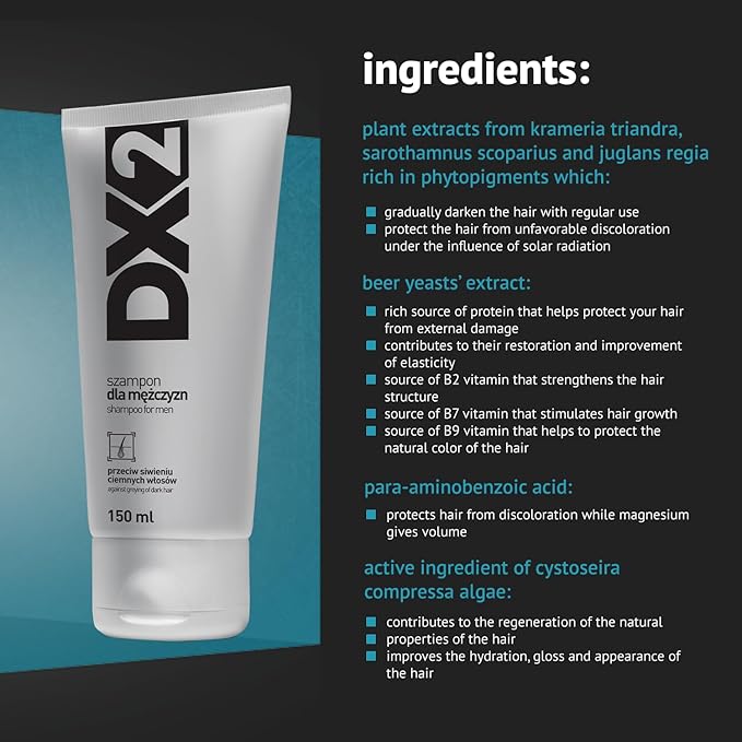 DX2 - Prevent Grey Hair Shampoo for Men - Gradual Dark Color Restoration, Daily Care to Protect Follicle Pigmentation - 150ml