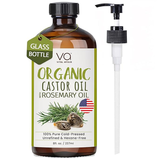 Organic Castor Oil With Rosemary Oil For Hair Growth - 100% Pure Rosemary Hair Oil With Pure Castor Oil Cold Pressed Unrefined Glass Bottle - Strengthening & Volumizing 8 Fl Oz