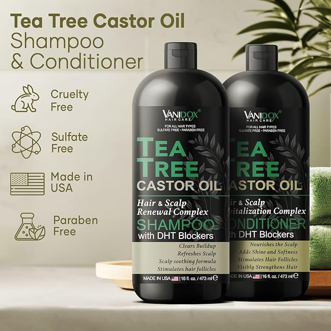 Tea Tree Oil Shampoo and Conditioner Set with Castor Oil, DHT Blockers, Itchy Scalp Relief, Supports Fuller Hair, Cleanses Dandruff & Buildup, For Men & Women, Made in USA, 16 fl oz Each