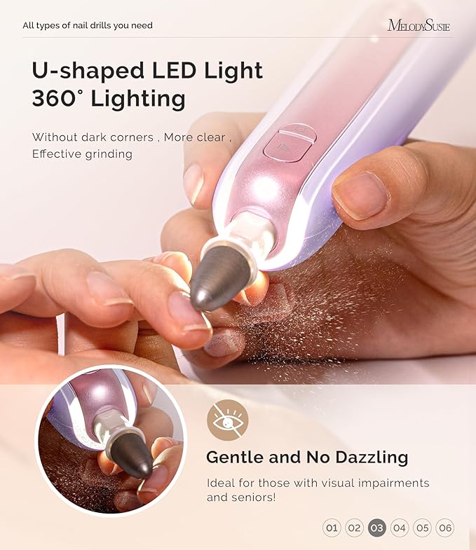 MelodySusie Professional Manicure Pedicure Kit,8-in-1 Electric Nail Drill Set with 5 Speeds,Rechargeable Cordless E-File with 360° LED Light,Perfect Hand Foot Care Trimmer Polish Tools - PC760G