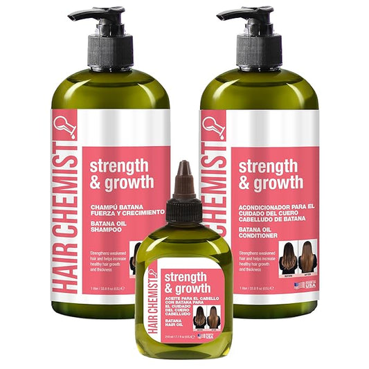 Hair Chemist Strength & Growth Batana Oil Shampoom Conditioner Set 33.8 oz. & Hair Oil 7.1 oz. (3-PC Set) - Batana Shampoo and Conditioner for Hair Growth, Thickening and Strength