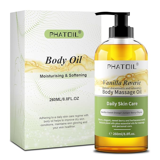 Vanilla Body Oil with Sweet Orange, Juniper Berry and Thyme Essential Oils, Premium Scented Body Oil for Moisturizing Skin, Massage Oil for Women Men After Shower - 8.8 FL.OZ(260ML)