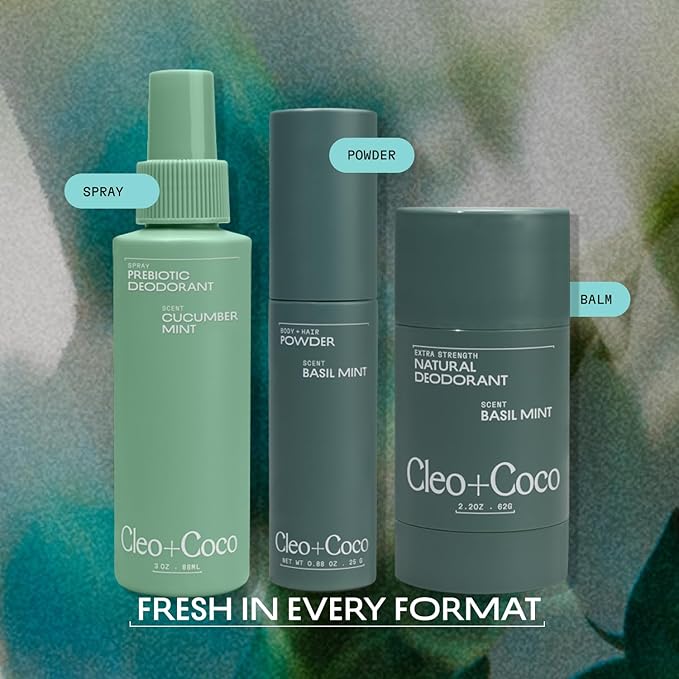 Cleo+Coco - Natural Dry Shampoo Powder - For Body & Hair - For Women - Absorbs Odor & Sweat - Essential Oils & Arrowroot Powder - Free of Talc & Parabens - PCR - Made in USA - Basil Mint - 0.88oz