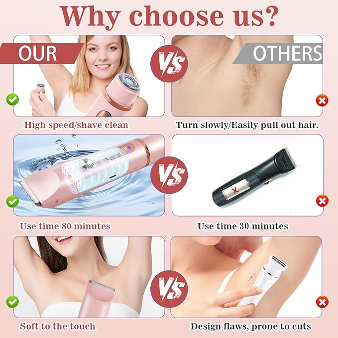 Bikini Trimmer for Women 2in1 High Power Epilators Hair Removal Waterproof Electric Razors Women's Electric Razor Pubic Hair Trimmer Shaver for Women for Ladies Pubic，Face， Underarms，Legs (Pink)
