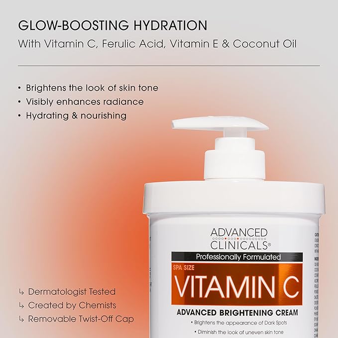 Advanced Clinicals Vitamin C Cream Visibly Brightening Body Lotion | Vitamin C Moisturizer Skin Care Body Cream For Women & Men Visibly Improves Look Of Dark Spots & Uneven Skin Tone, W/Travel Size