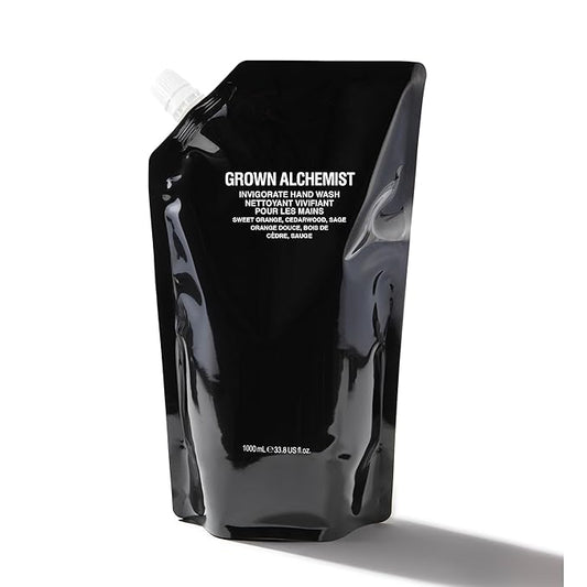 Grown Alchemist Invigorate Hand Wash Refill Pouch, Sweet Orange, Cedarwood, Sage. Soothe, Soap to Cleanse & Nourish Skin, (1L).