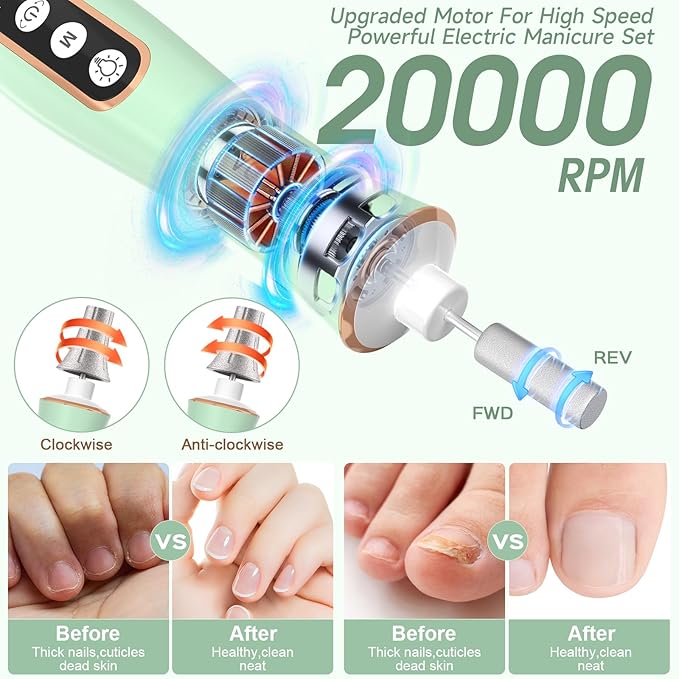 Professional Manicure Pedicure Kit with 360° LED Light&10 Speeds&Memory Mode with Case, Cordless Electric Nail Drill, Pedicure Tools for feet,Hand Foot Care Nail File for Thick Nail Toenail Cuticle