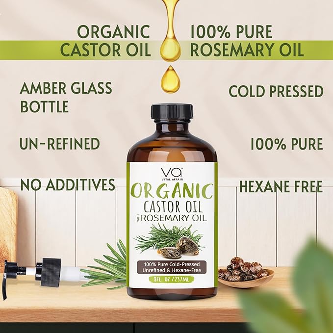 Organic Castor Oil With Rosemary Oil For Hair Growth - 100% Pure Rosemary Hair Oil With Pure Castor Oil Cold Pressed Unrefined Glass Bottle - Strengthening & Volumizing 8 Fl Oz