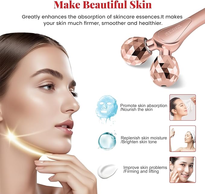 3D Facial Massager Rollers Lifting Massager, Skin Care Face Body Massager Firming Tools for Body Relaxation Massage, Kneading, Body Slimming and V-Shaped Face Lift, Anti-Wrinkle (Glossy Rose Gold)