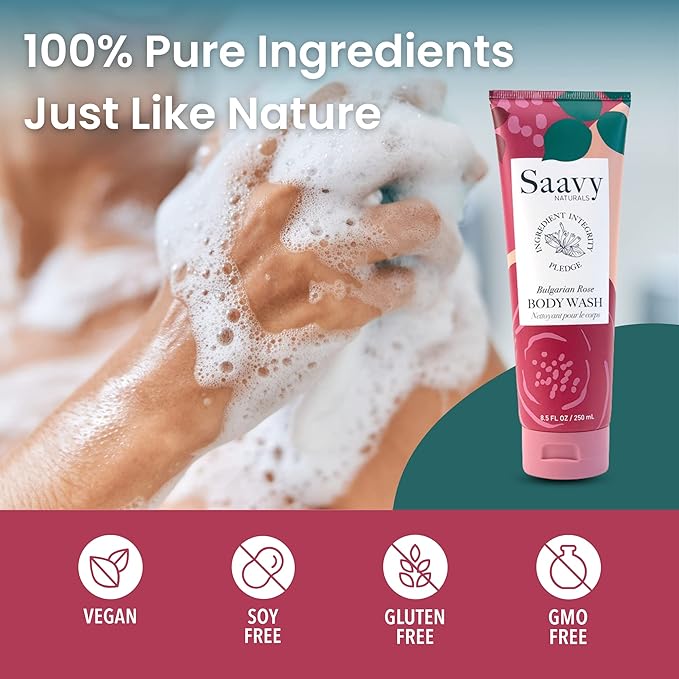Saavy Naturals Bulgarian Rose Body Wash, Moisturizing Shower Gel for Men & Women, Vegan Formula with Coconut Oil, Shea Butter, and Aloe Vera - 8.5 Fl Oz, 2 Pack Made in the USA