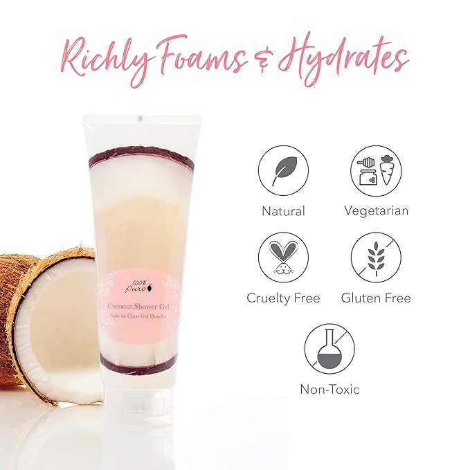 100% PURE Coconut Shower Gel Natural Foaming & Hydrating Body Wash - Deeply Moisturizing Gentle Soap Cleanser for All Skin Types, Even Sensitive - Gluten-Free - 8 Fl Oz