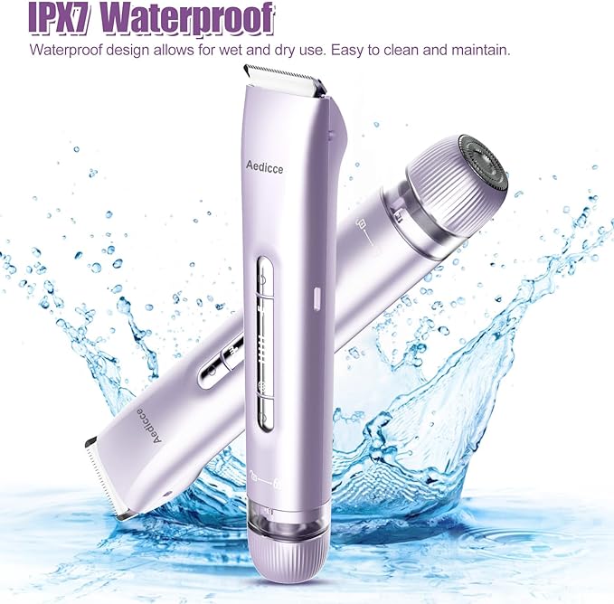 Bikini Trimmer for Women 2 in 1, Dual Head Womens Electric Shaver, Electric Razors for Pubic Hair, IPX7 Waterproof Rechargeable Facial Hair Removal for Shaving Underarm Leg Arm Body Face, Purple