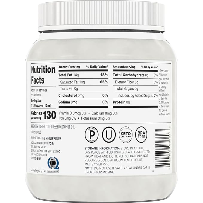 Viva Naturals Organic Coconut Oil - Unrefined, Cold-Pressed Extra Virgin Coconut Oil, USDA Organic and Non-GMO Cooking Oil, Great as Hair Oil and Skin Oil, 54 fl oz