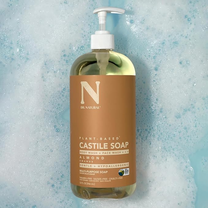 Dr. Natural Castile Liquid Soap - Multi-Use Body Wash, Shampoo, Face Wash - Hydrating Body Soap for Skin, Hair, Pets, Home - Lavender, Almond- 2 pc