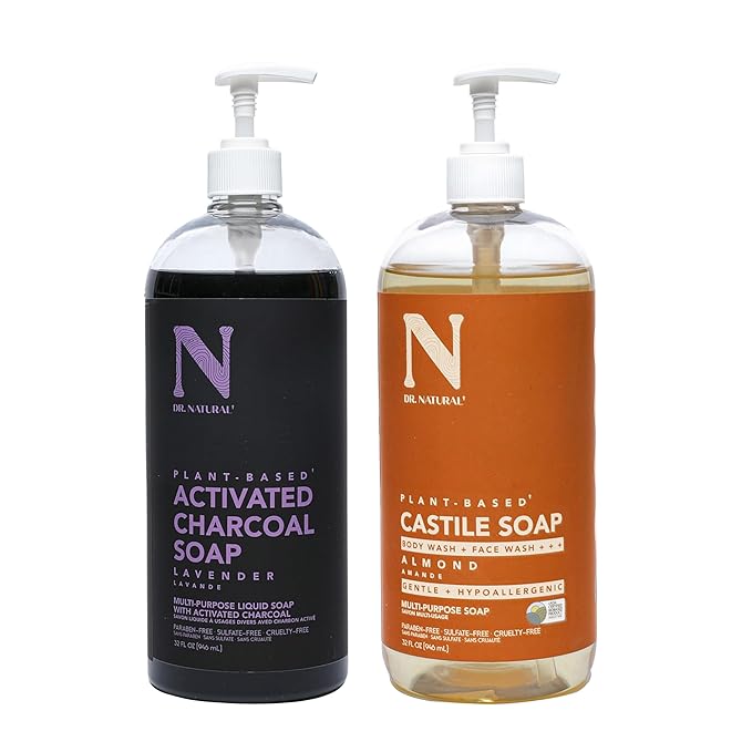 Dr. Natural Castile Liquid Soap - Multi-Use Body Wash, Shampoo, Face Wash - Hydrating Body Soap for Skin, Hair, Pets, Home - Lavender, Almond- 2 pc