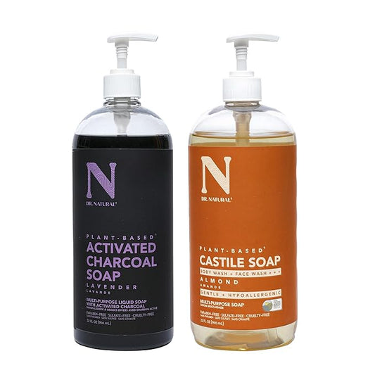Dr. Natural Castile Liquid Soap - Multi-Use Body Wash, Shampoo, Face Wash - Hydrating Body Soap for Skin, Hair, Pets, Home - Lavender, Almond- 2 pc