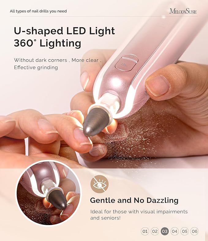 MelodySusie Professional Manicure Pedicure Kit,8-in-1 Electric Nail Drill Set with 5 Speeds,Rechargeable Cordless E-File with 360° LED Light,Perfect Hand Foot Care Trimmer Polish Tools - PC760G