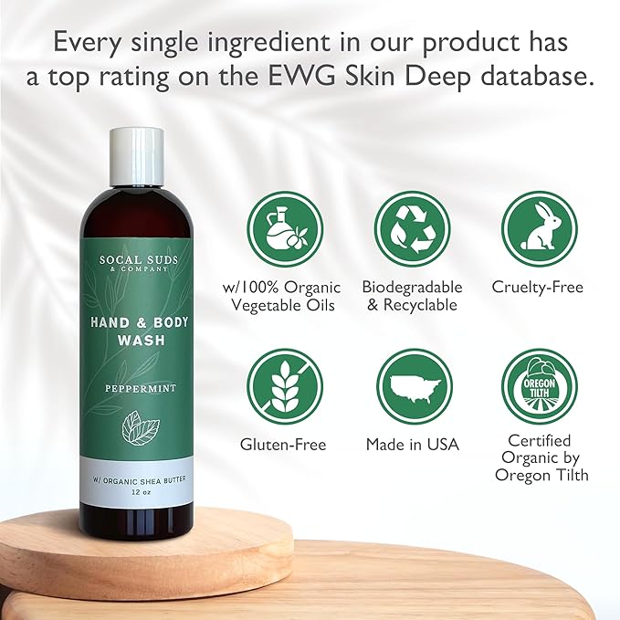SoCal Suds & Company Hand & Body Wash Organic Shea Butter - Peppermint Scent - Liquid Soap - Daily Body Wash for Men and Women - Moisturizing Ingredients - Gentle Shower Gel - Non-Drying - 12oz