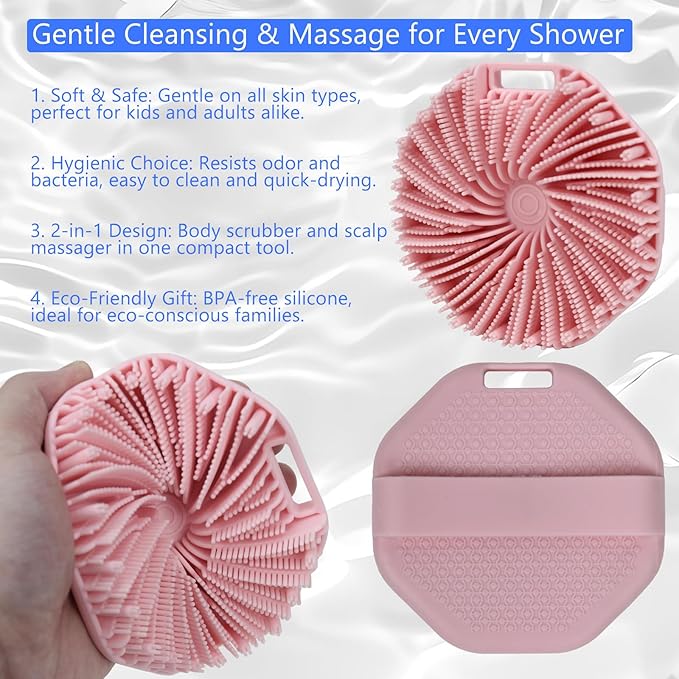 Silicone Body Scrubber – Exfoliating Body Brush for Shower, Soft Silicone Scrub for Men & Women, Shower Scrubber for Skin Care, Body and Face Scrub (Pink)