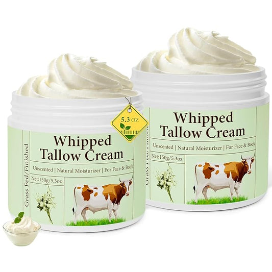 pekinly Whipped Beef Tallow for Skin, Beef Tallow, Beef Tallow for Face, 2 Packs Unscented Grass Fed Whipped Tallow Face Moisturizer Nourishing Soothing Moisturizer for Body Lotion Skin Care, 5.3OZ