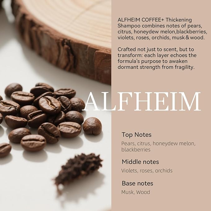 ALFHEIM Coffee+ Thickening Hair Shampoo | Caffeine Complex with Biotin & Niacinamide | Volumize & Strengthen Weak, Thin Hair | Moisturizing Sulfate-Free Formula | Color-Treated Safe | 33.8oz