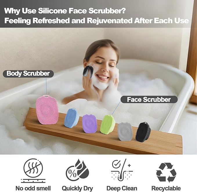 Soft Silicone Body Scrubber, Gentle Like a Hand Exfoliating Your Skin and Build Up Lather, Back Large Suction Cup Easy to Store, & Deep Clean (Body Scrubber + Face Scrubber Black)