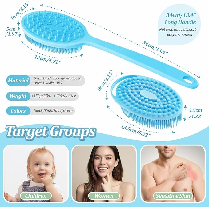 Silicone Back & Body & Face Scrubber Set 3PCS, Gentle Exfoliating Back & Body Scrubber with Dual-Side Brush Head, Hygienic Silicone Loofahs with Soft Bristle and Non-Slip Handle(Blue-3PC)