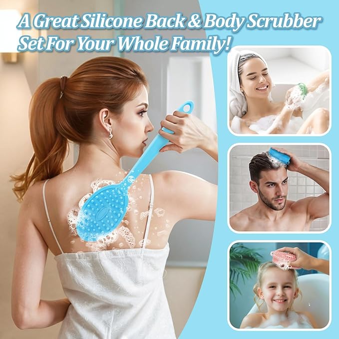 Silicone Back & Body & Face Scrubber Set 3PCS, Gentle Exfoliating Back & Body Scrubber with Dual-Side Brush Head, Hygienic Silicone Loofahs with Soft Bristle and Non-Slip Handle(Blue-3PC)