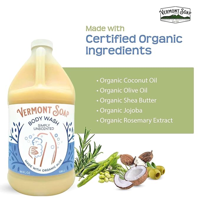 VERMONT SOAP Body Wash, Natural Body Wash with Shea Butter, Mild Gel Body Wash for Moisturizing and Soothing Skin, Fragrance Free Body Wash for Women & Men (Simply Unscented, 64oz)